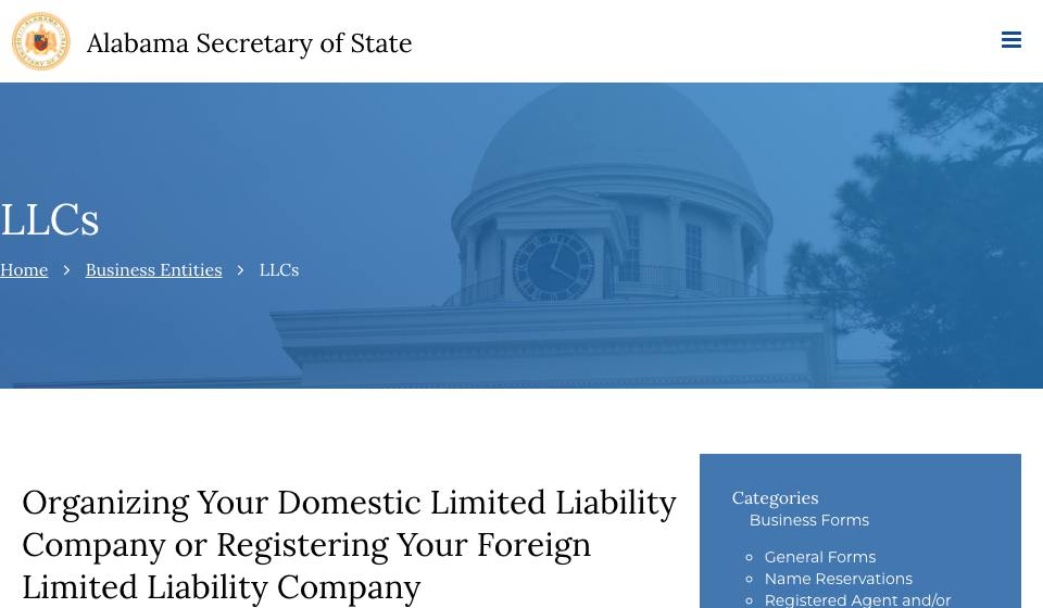 Screenshot of the official Alabama business filing portal