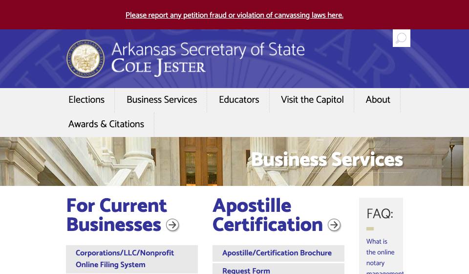 Screenshot of the official Arkansas business filing portal
