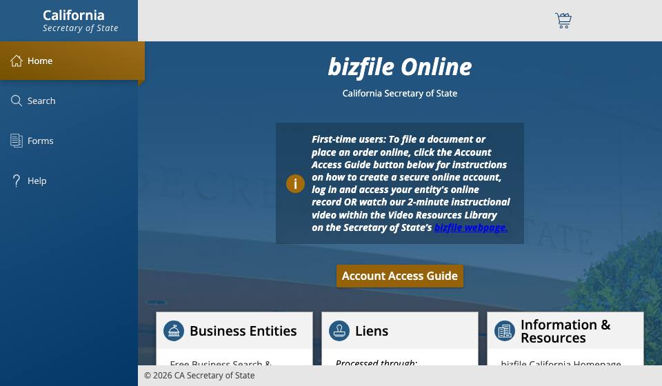 Screenshot of the official California business filing portal