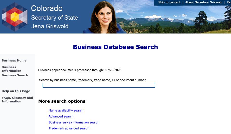 Screenshot of the official Colorado business filing portal
