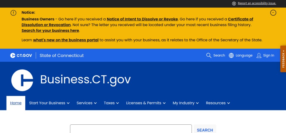 Screenshot of the official Connecticut business filing portal