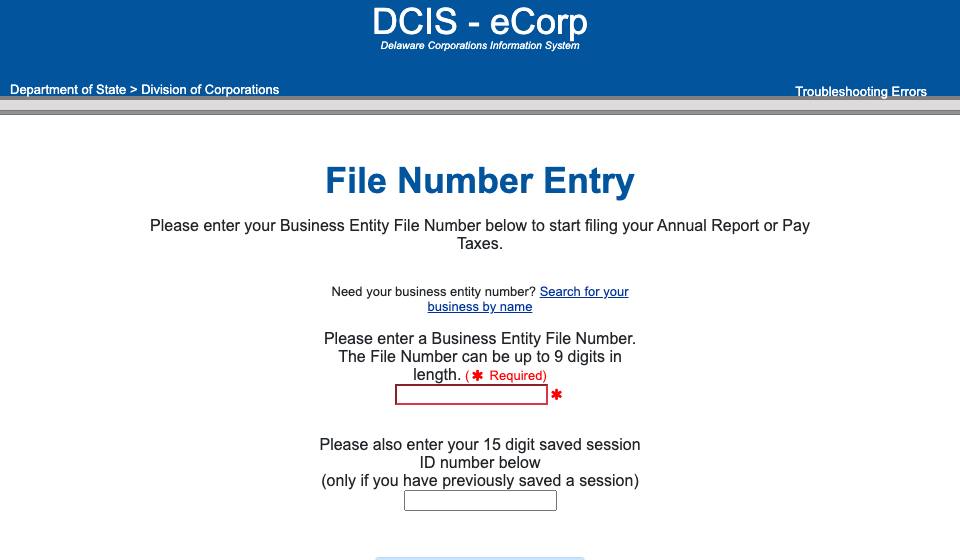 Screenshot of the official Delaware business filing portal