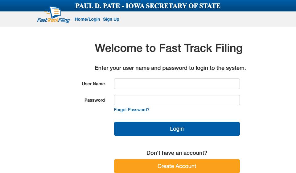 Screenshot of the official Iowa business filing portal