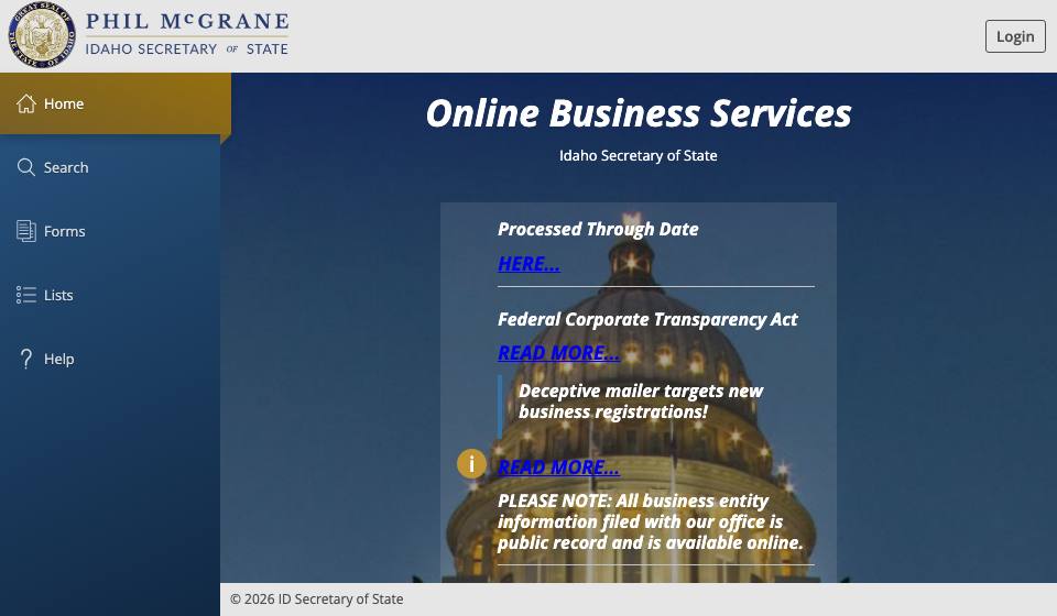 Screenshot of the official Idaho business filing portal