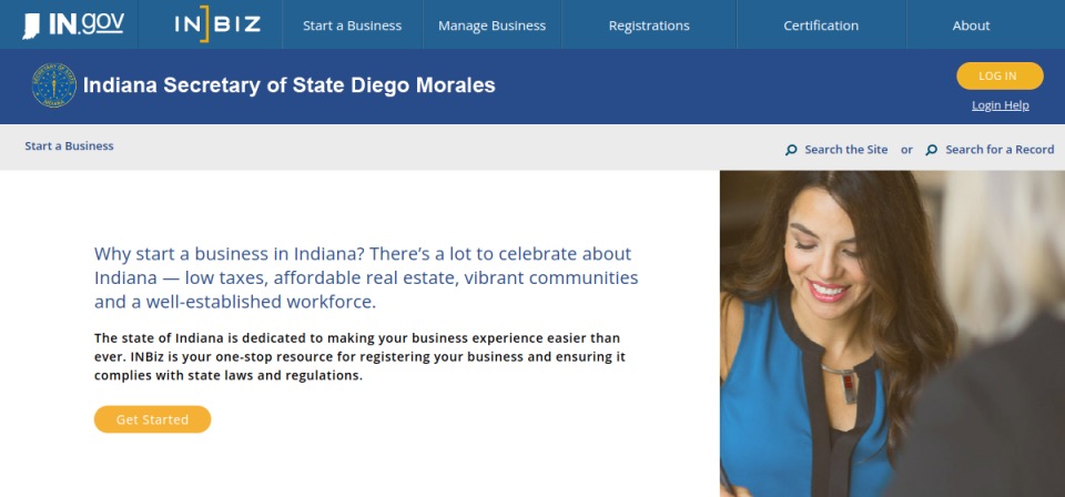 Screenshot of the official Indiana business filing portal