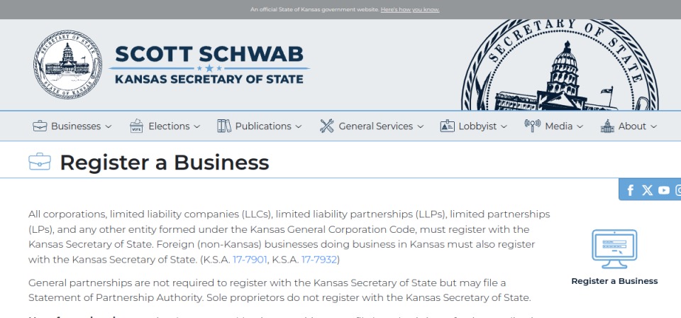 Screenshot of the official Kansas business filing portal