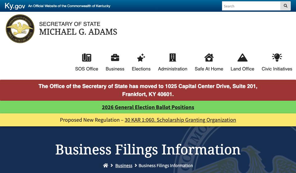 Screenshot of the official Kentucky business filing portal