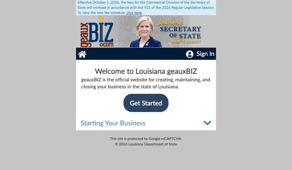 Screenshot of the official Louisiana business filing portal