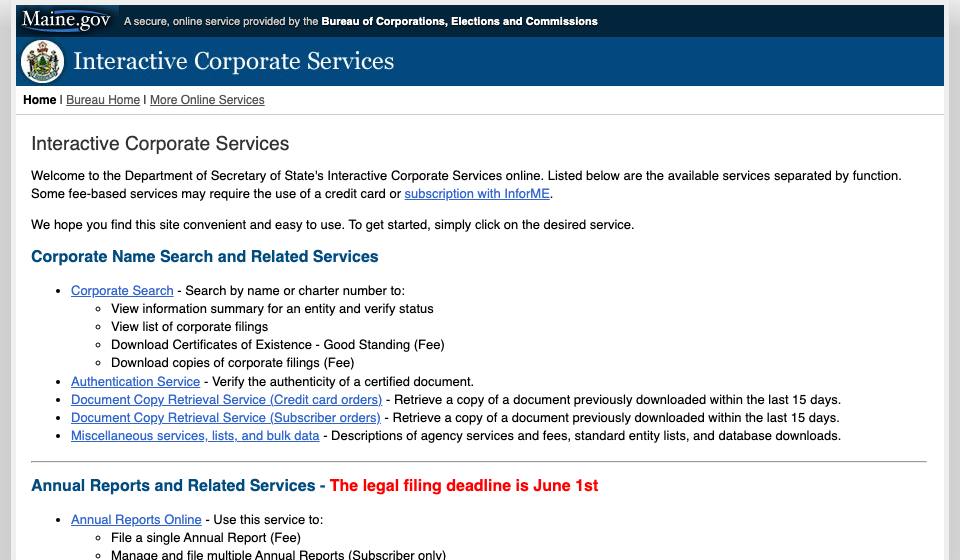 Screenshot of the official Maine business filing portal
