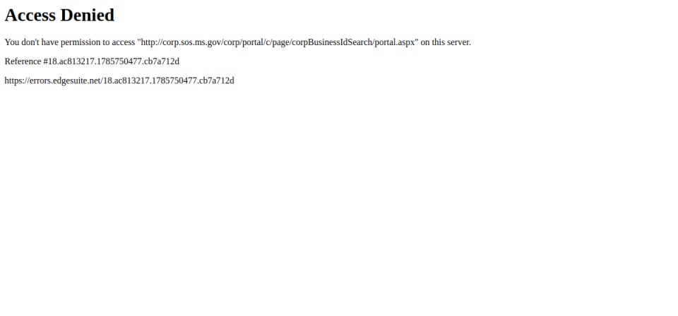 Screenshot of the official Mississippi business filing portal