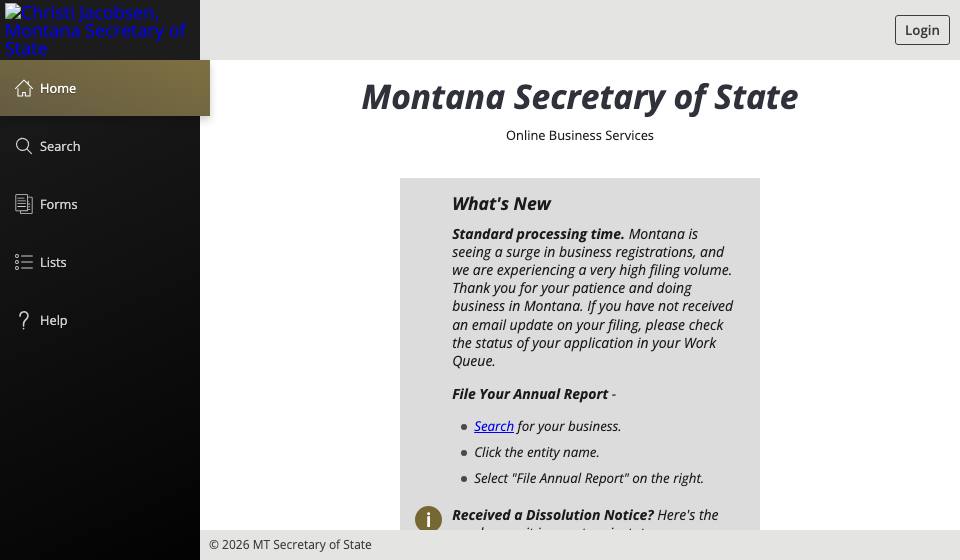 Screenshot of the official Montana business filing portal