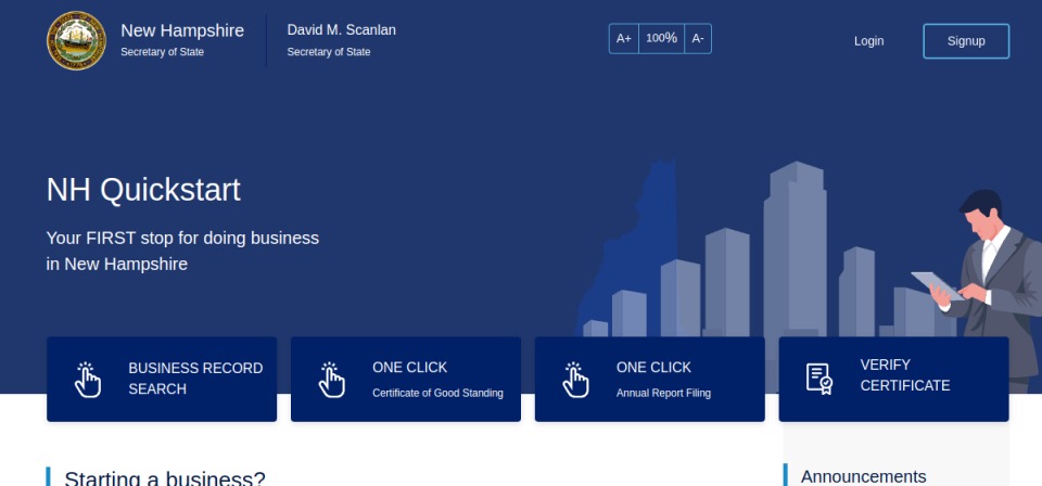 Screenshot of the official New Hampshire business filing portal