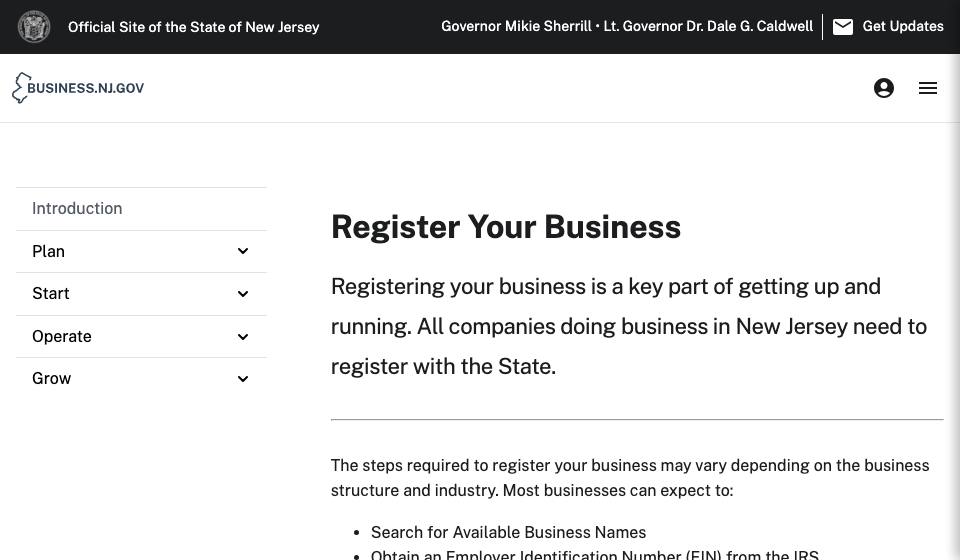 Screenshot of the official New Jersey business filing portal