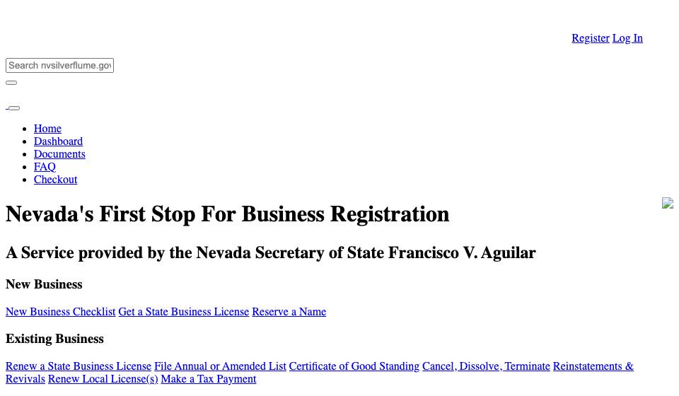 Screenshot of the official Nevada business filing portal