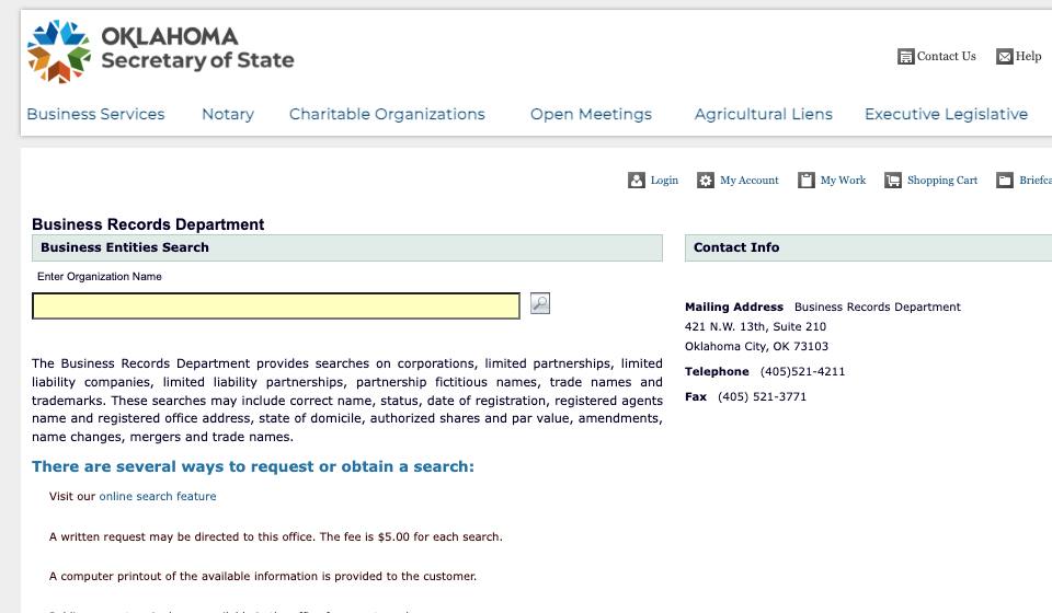 Screenshot of the official Oklahoma business filing portal