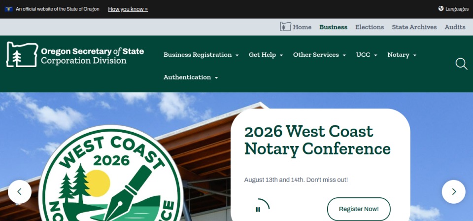 Screenshot of the official Oregon business filing portal
