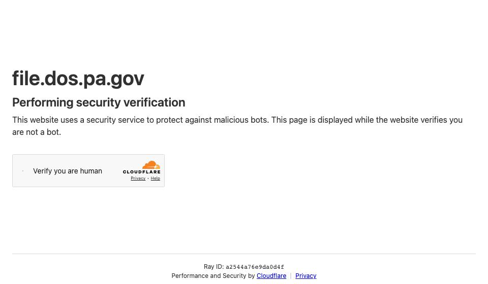 Screenshot of the official Pennsylvania business filing portal