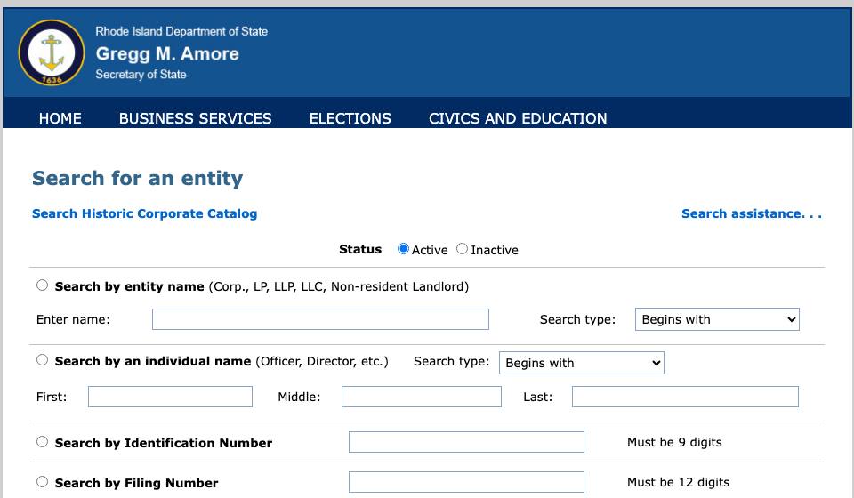 Screenshot of the official Rhode Island business filing portal