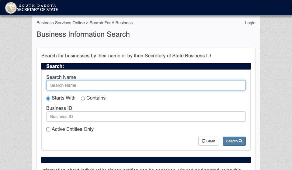 Screenshot of the official South Dakota business filing portal