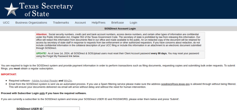 Screenshot of the official Texas business filing portal