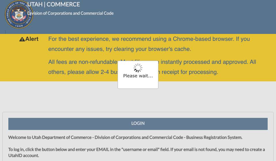 Screenshot of the official Utah business filing portal