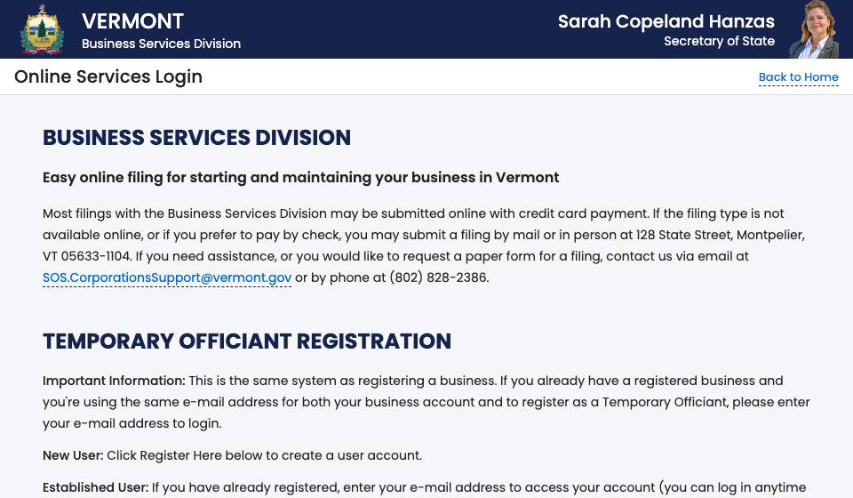Screenshot of the official Vermont business filing portal