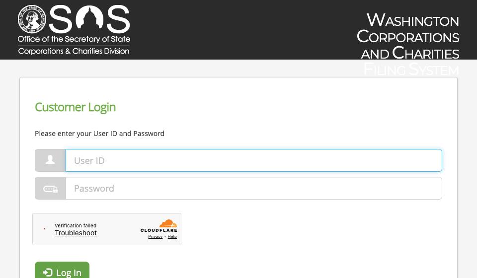 Screenshot of the official Washington business filing portal