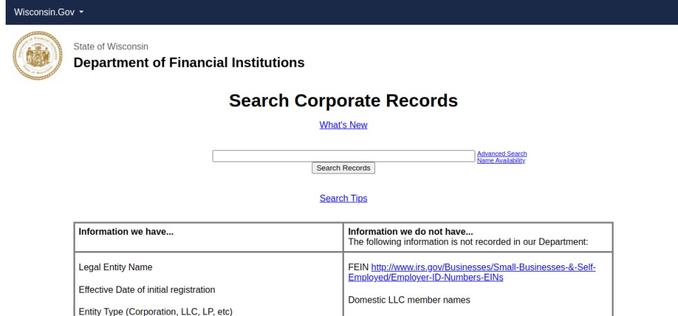 Screenshot of the official Wisconsin business filing portal
