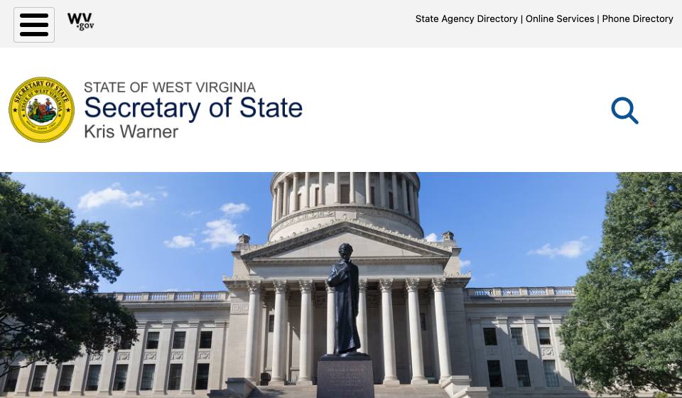 Screenshot of the official West Virginia business filing portal