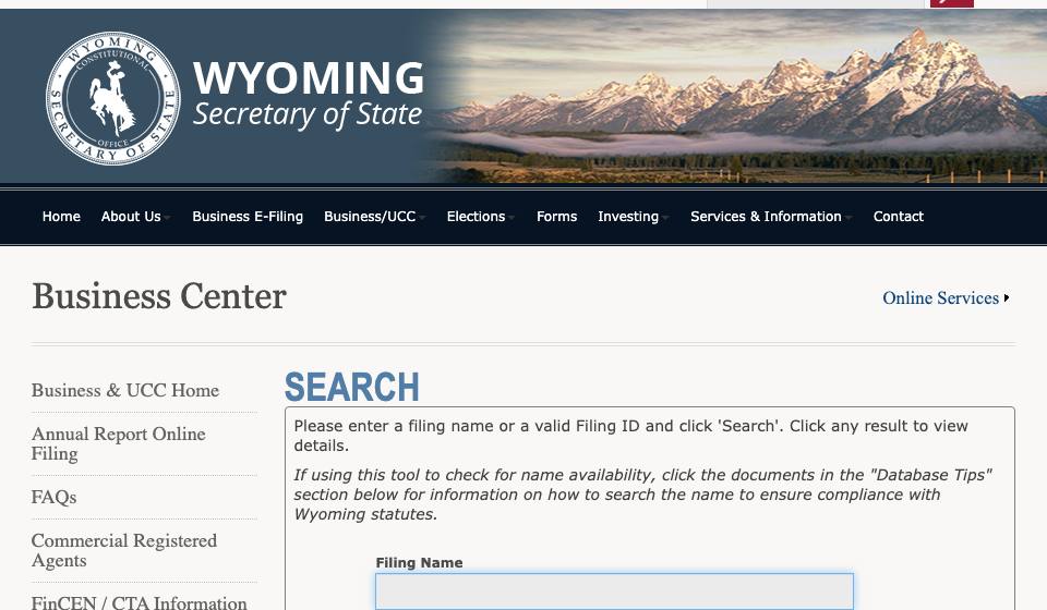 Screenshot of the official Wyoming business filing portal